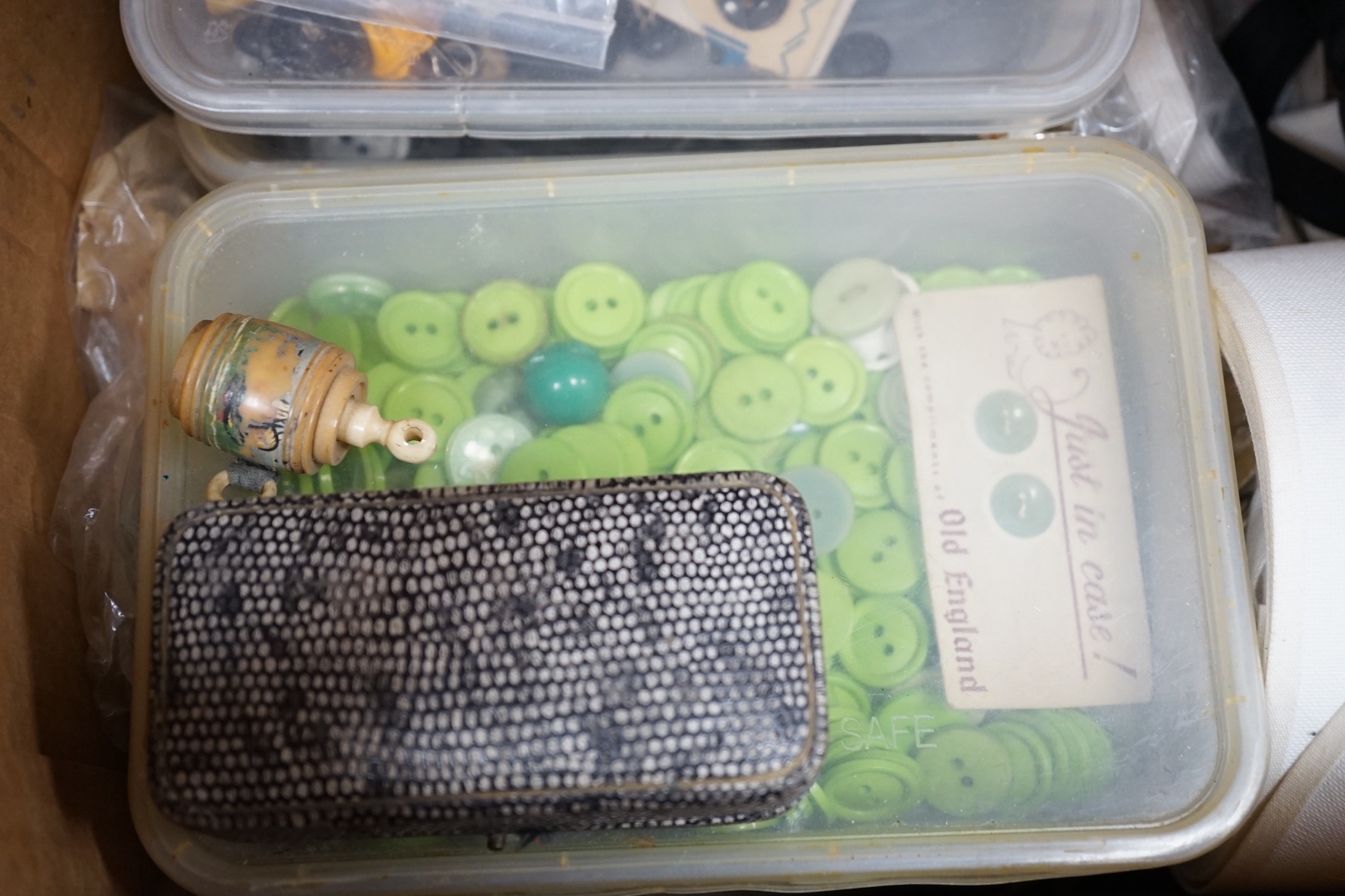 A vintage top hat and tails, collars, pincenez, cumberbunds, bow ties, a collection of seamstress buttons etc